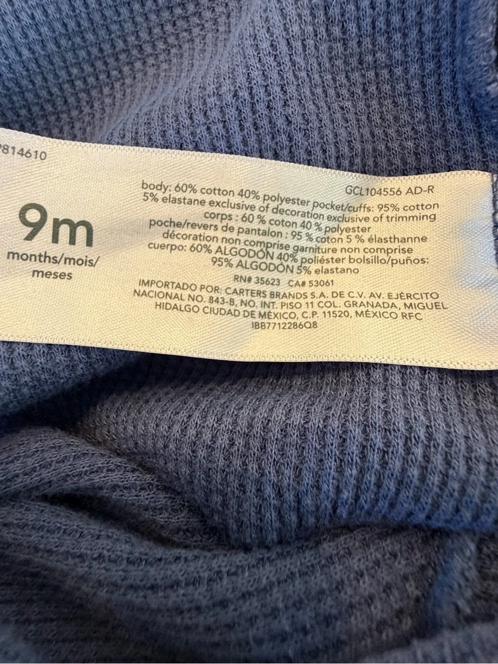 Carter’s Baby Blue Waffle Knit Hooded Romper Bear Ears Zip 9 Months